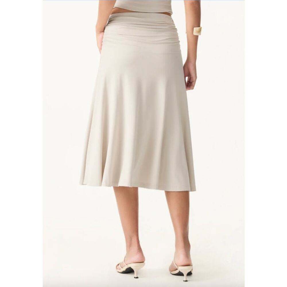 OGL Skirt Size S NEW Flowy Side Ruched A-line Midi Skirt Fog Cream Eco-SkinKiss - Picture 2 of 13